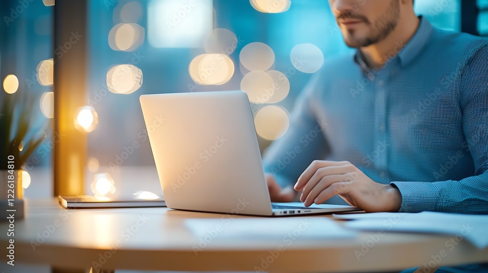 Poster a man types on a laptop in a cozy, illuminated workspace. the background features soft bokeh lights,