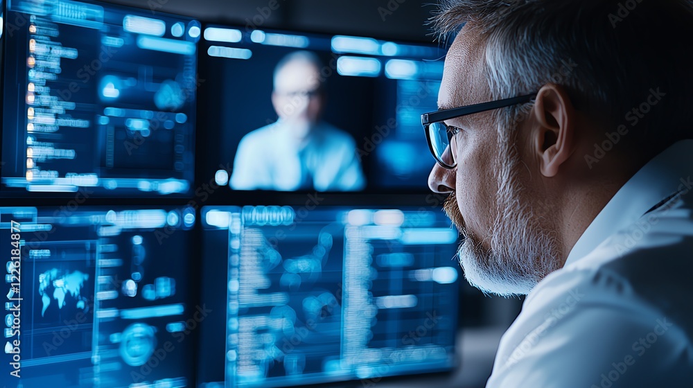 Poster a mature man with glasses is focused on multiple computer screens displaying analytical data, emphas