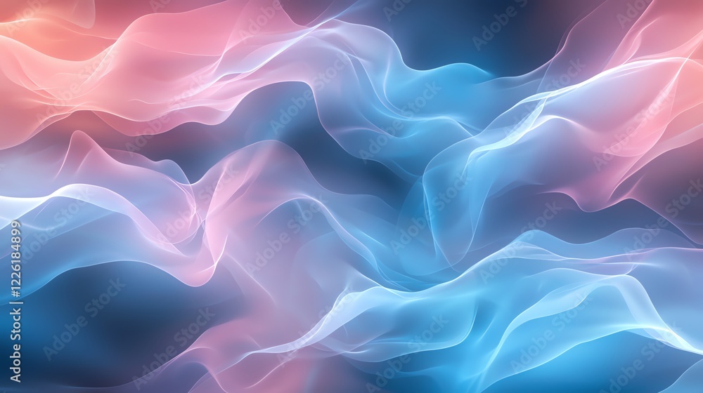 Poster a mesmerizing abstract design featuring flowing waves of soft pink and blue hues, creating a serene 