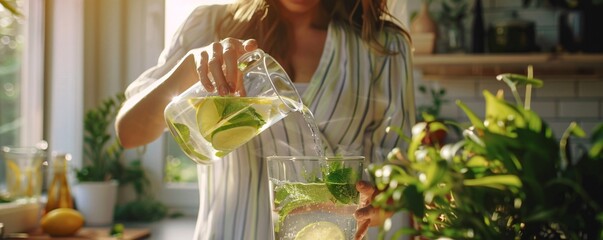 Woman pouring homemade lemonade with lime, lemon, and mint leaves into glass