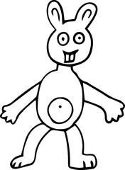 funny hare with small ears and small eyes stands on two legs with arms outstretched and looks at the camera