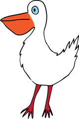 white pelican with orange beak and red feet stands and looks away in surprise side view