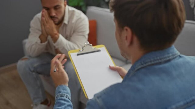 Two men sitting in a cozy living room, engaged in an indoor therapy session, one holding a clipboard, displaying a supportive environment for emotional communication.