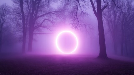 Glowing purple ring in foggy forest at night
