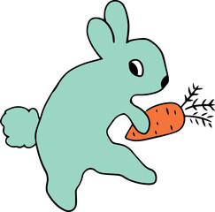 funny bunny with a fluffy tail looks back sneaks on his hind legs and holds an orange carrot