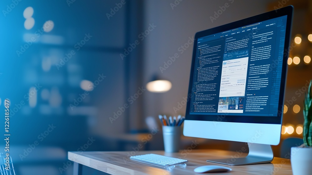 Aufkleber a modern workspace featuring a sleek desktop computer illuminated by soft lighting