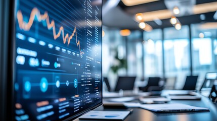 A modern office environment showcasing a digital screen displaying financial data analytics, highlighting growth trends and business metrics in a dynamic workspace.