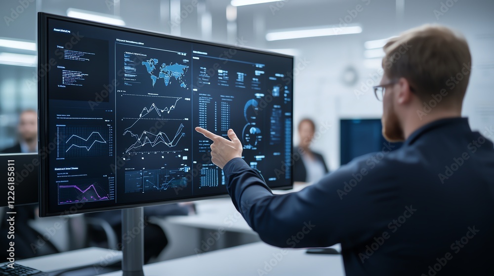 Poster a professional explaining data trends on a modern computer screen in a collaborative office environm