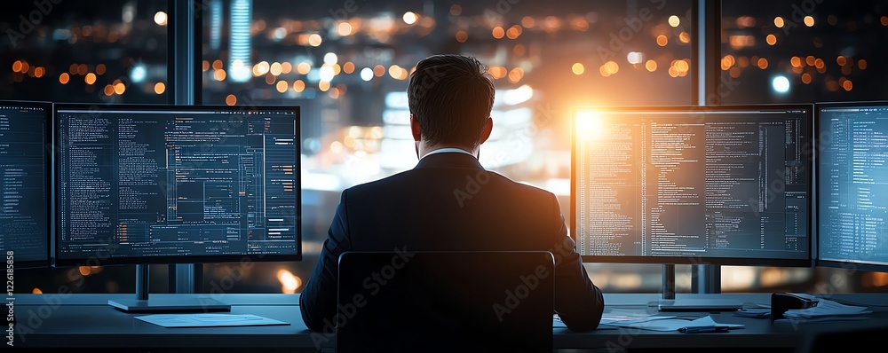 Poster a professional individual focused on multiple computer screens while working late into the evening