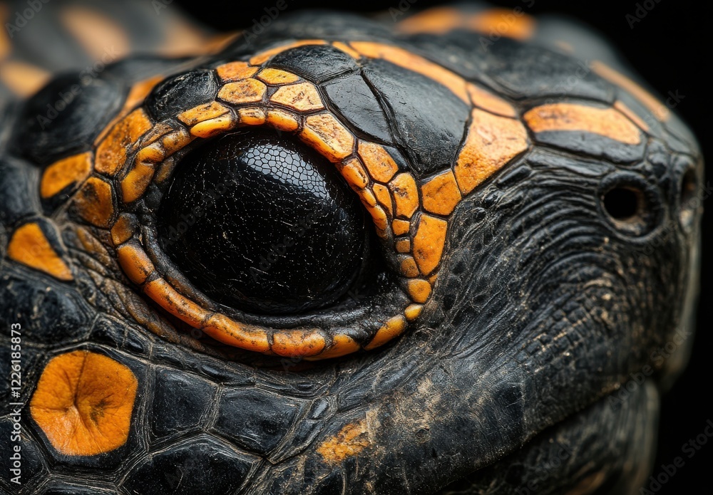 Poster close-up of exotic turtle with intricate orange and black patterns showcasing unique textures and de