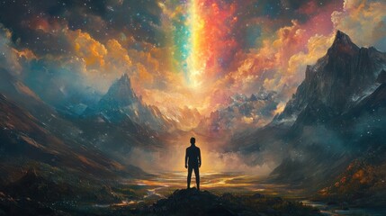 Man contemplating cosmic rift, mountain valley, night sky, fantasy art, spiritual journey