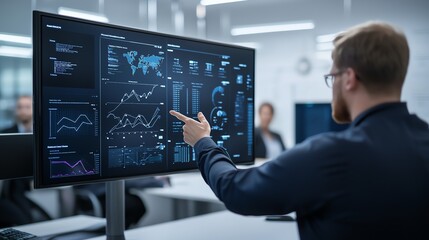 A professional explaining data trends on a modern computer screen in a collaborative office environment, showcasing analytics and insights for strategic decision-making.