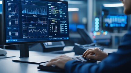 A professional analyzing data on a computer screen in a modern office. The high-tech interface displays various charts and graphs, showcasing advanced analytics.