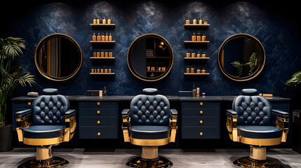 Luxurious Barbershop Interior with Dark Blue Walls and Gold Accents