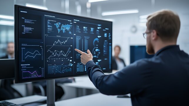 A professional explaining data trends on a modern computer screen in a collaborative office environment, showcasing analytics and insights for strategic decision-making.