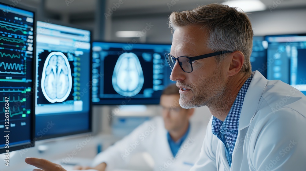 Poster a researcher analyzing brain scan data on multiple screens in a modern lab. focused on accuracy and 
