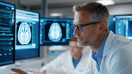 A researcher analyzing brain scan data on multiple screens in a modern lab. Focused on accuracy and detail, showcasing advanced technology in medical imaging.