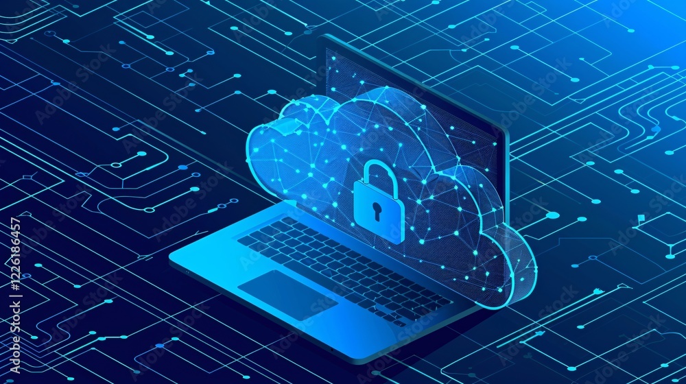 Poster Cloud computing data security concept with a padlock protecting data transfer on a laptop computer above a circuit board