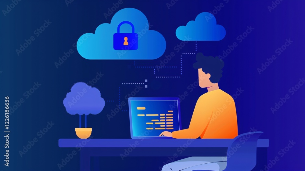 Poster Secure cloud computing concept with programmer working at desk with laptop and protected data in the cloud