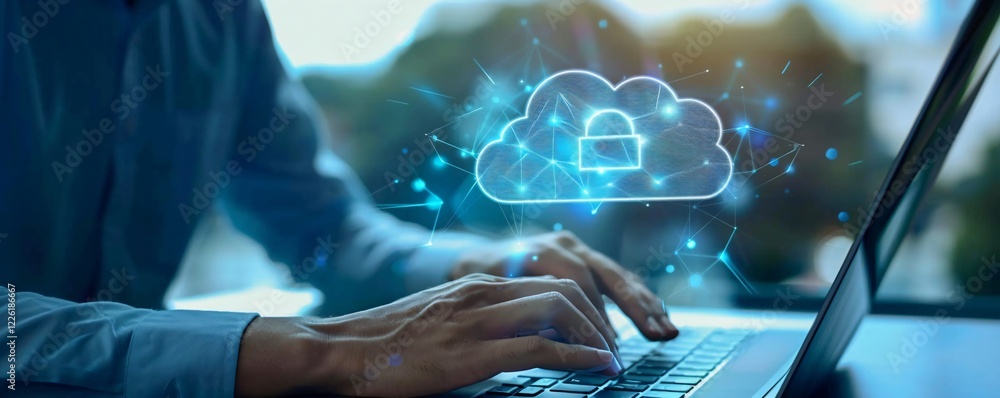 Aufkleber Businessman working on laptop with cloud computing icon and padlock, data security concept