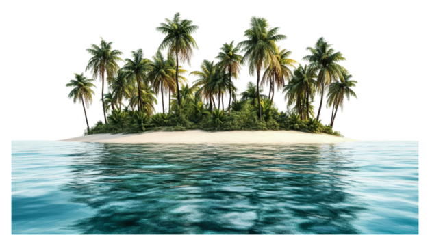 Tropical island with palm trees and clear water isolated on transparent background