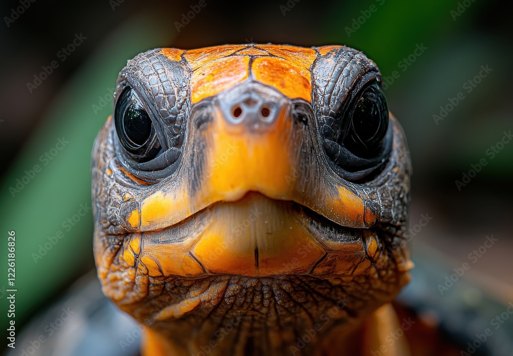 Poster close-up portrait of a colorful tortoise with bright orange and black shell showcasing intricate pat