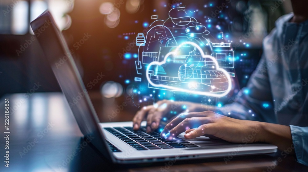 Fototapete Businessman using laptop and working with hologram of cloud computing, big data and internet networking