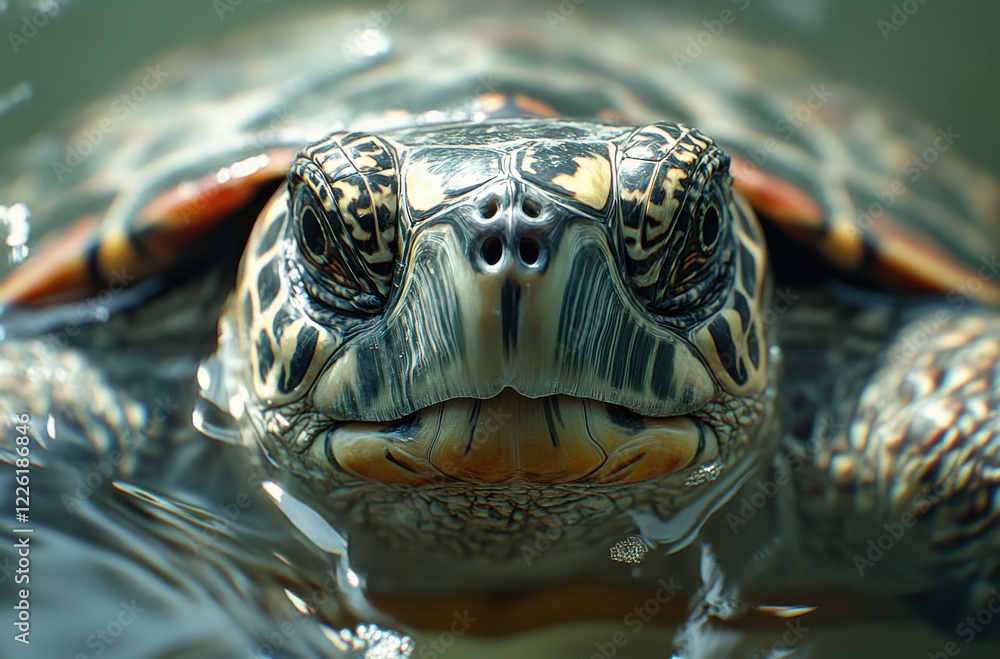 Aufkleber close-up portrait of a colorful turtle in clear water with reflective surface and intricate shell pa