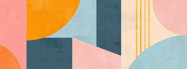 Abstract Mid-Century Modern Wall Art poster set of 4, featuring geometric lines and shapes printed in pastel blue, pink, orange, and yellow colors on a grey background. Vector illustration. 