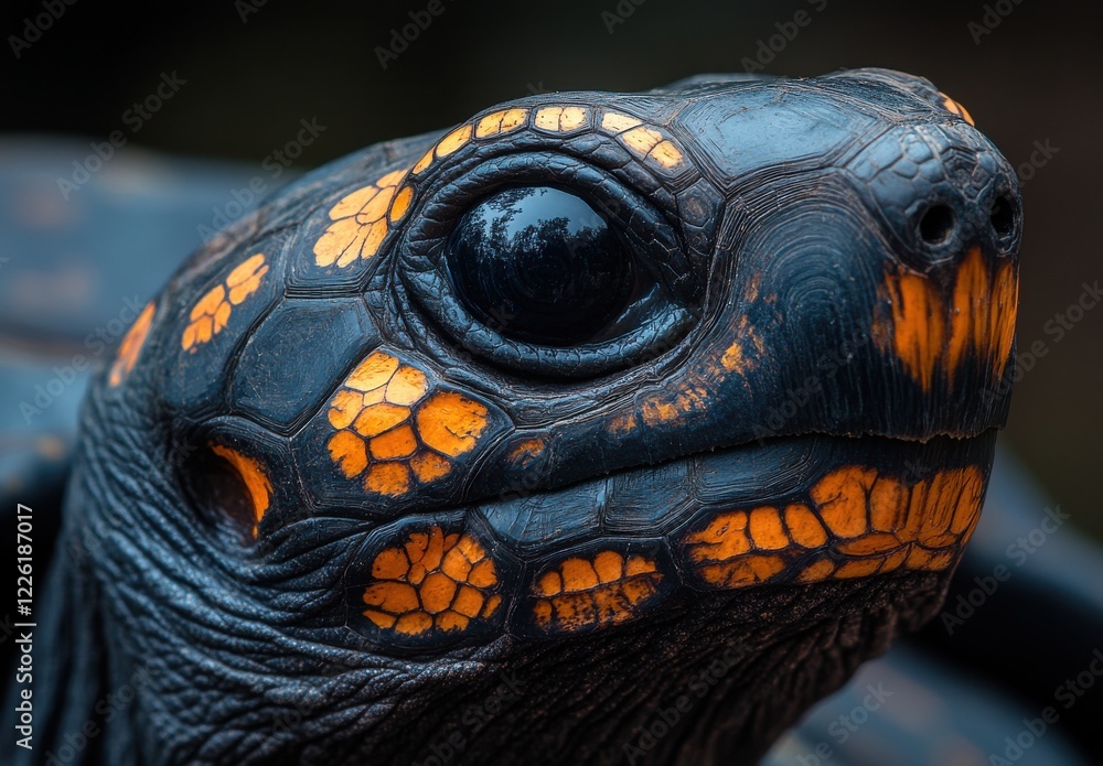 Poster close-up portrait of a colorful turtle with bright orange and yellow patterns highlighting intricate