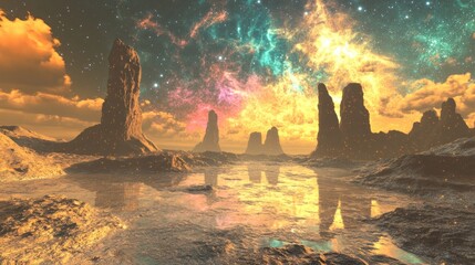Alien landscape, vibrant nebula, reflective water, rocks, fantasy artwork, game background