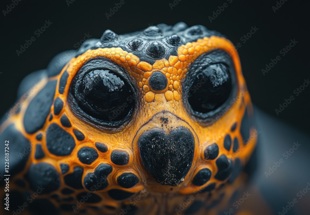 Poster close-up portrait of a colorful turtle with unique patterns and textures on shell, captured in natur