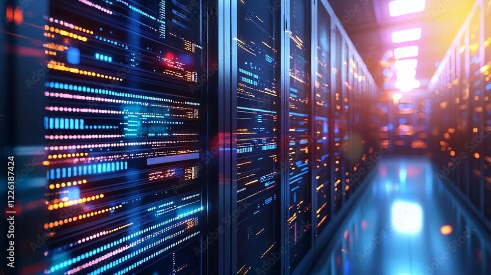 Poster a stunning view of a modern data center, showcasing rows of servers with illuminated lights. this im