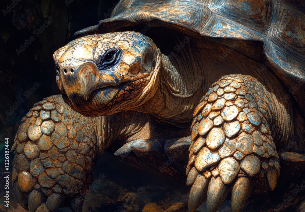 Poster close-up portrait of a majestic tortoise with intricate shell patterns and expressive face captured 