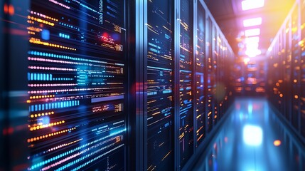 A stunning view of a modern data center, showcasing rows of servers with illuminated lights. This image captures the essence of technological advancement and data management.