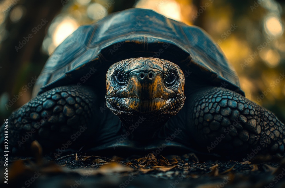 Poster close-up portrait of an ancient tortoise in a natural habitat with greenery and soft light enhancing