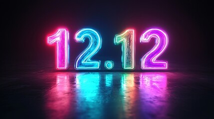 Neon Digits Twelve Twelve Glowing Light Display On Reflective Dark Surface Sign Illuminated.