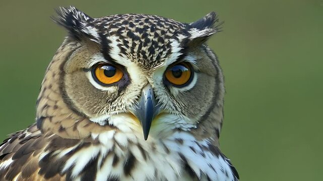 Close up slow motion footage of a barn owl twisting its head and staring directly into the camera emphasizing its curious expression