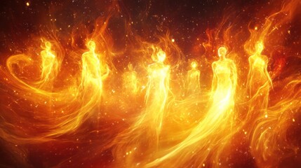 Obraz premium Fiery figures ascend cosmic nebula; spiritual ascension