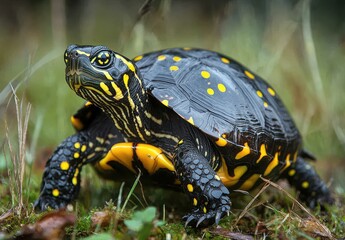 Obraz premium Close-up View of a Colorful Turtle with Distinctive Yellow Spots on Shell and Vibrant Green Background in Natural Habitat