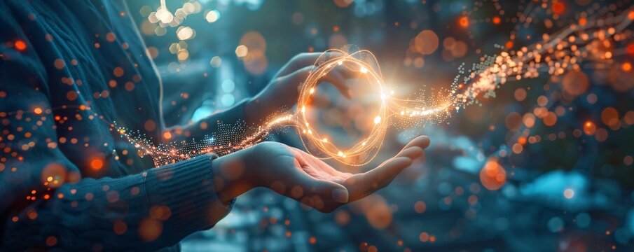 Businessman holding a futuristic glowing digital data flow, concept of big data, innovation and technology - Powered by Adobe