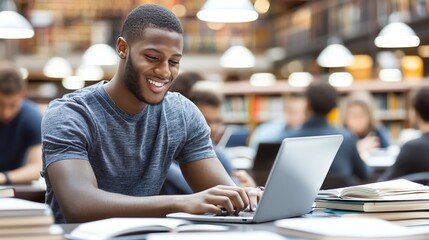 Obraz premium A young man smiles while working on a laptop in a modern library