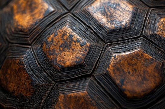 Close-up View of a Textured Turtle Shell with Hexagonal Patterns Highlighting Natural Colors and Intricate Textures of a Reptile's Armor