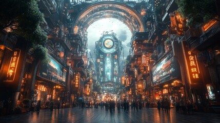 Obraz premium Cyberpunk inspired future urban streetscape