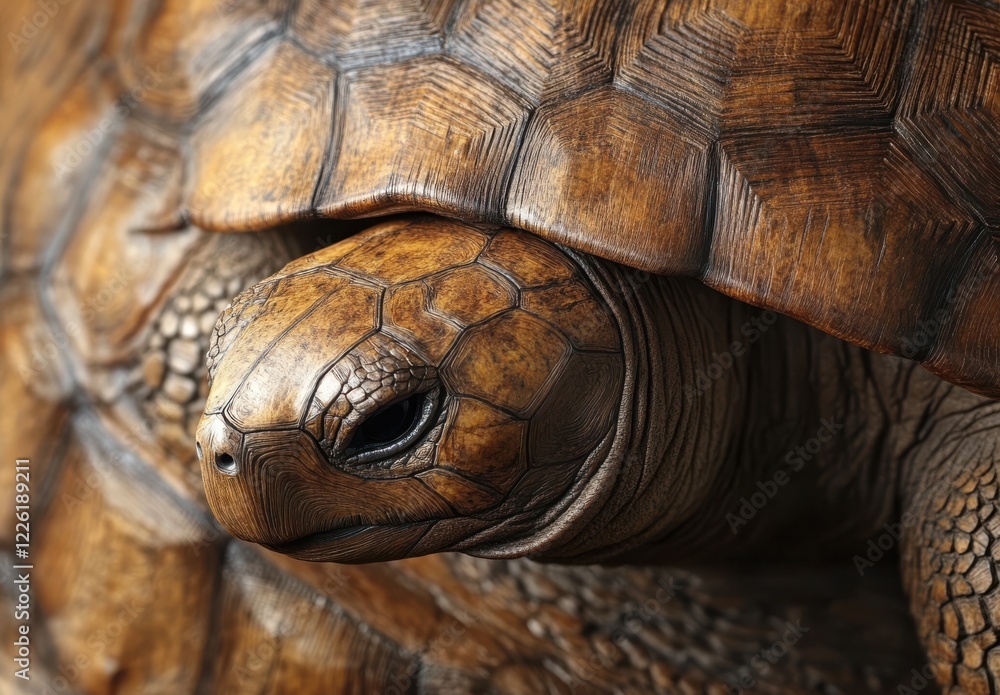 Poster close-up view of a tortoise with detailed texture on shell and head, showcasing natural patterns and