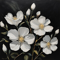 white flowers on black background