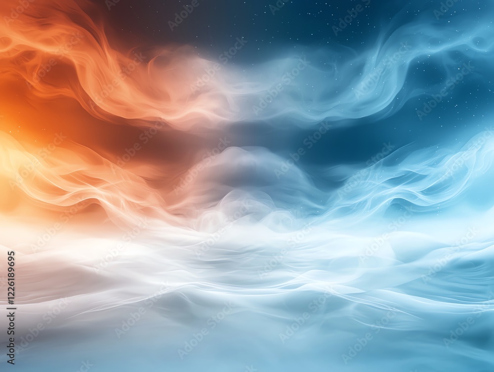 Poster abstract depiction of smoke and vapor in contrasting warm and cool tones, creating a dynamic and cap