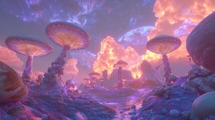 Fototapeta premium Alien planet mushroom forest, vibrant sunset, fantasy game background