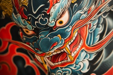A stunning close-up of a dragon's vibrant blue and red head detailed with intricate decorations, showcasing a fierce, intense gaze and mythical strength.