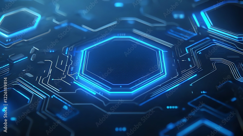Aufkleber an abstract close-up of a circuit board with vibrant blue neon lights illuminating the hexagonal pat